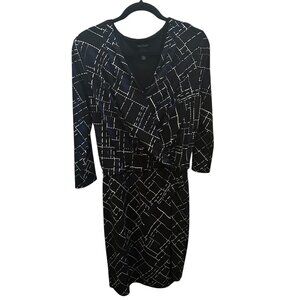 White House Black Market Black White Blue Geometric Faux Wrap Dress Sz M